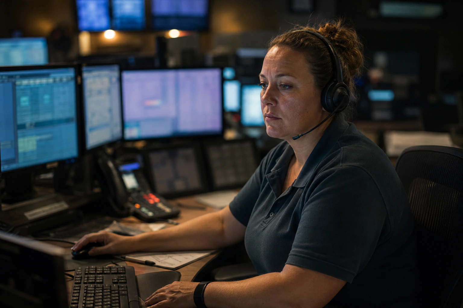 Illustrative AI-created depiction of an unidentified 911 professional at a communications console during a late-night shift